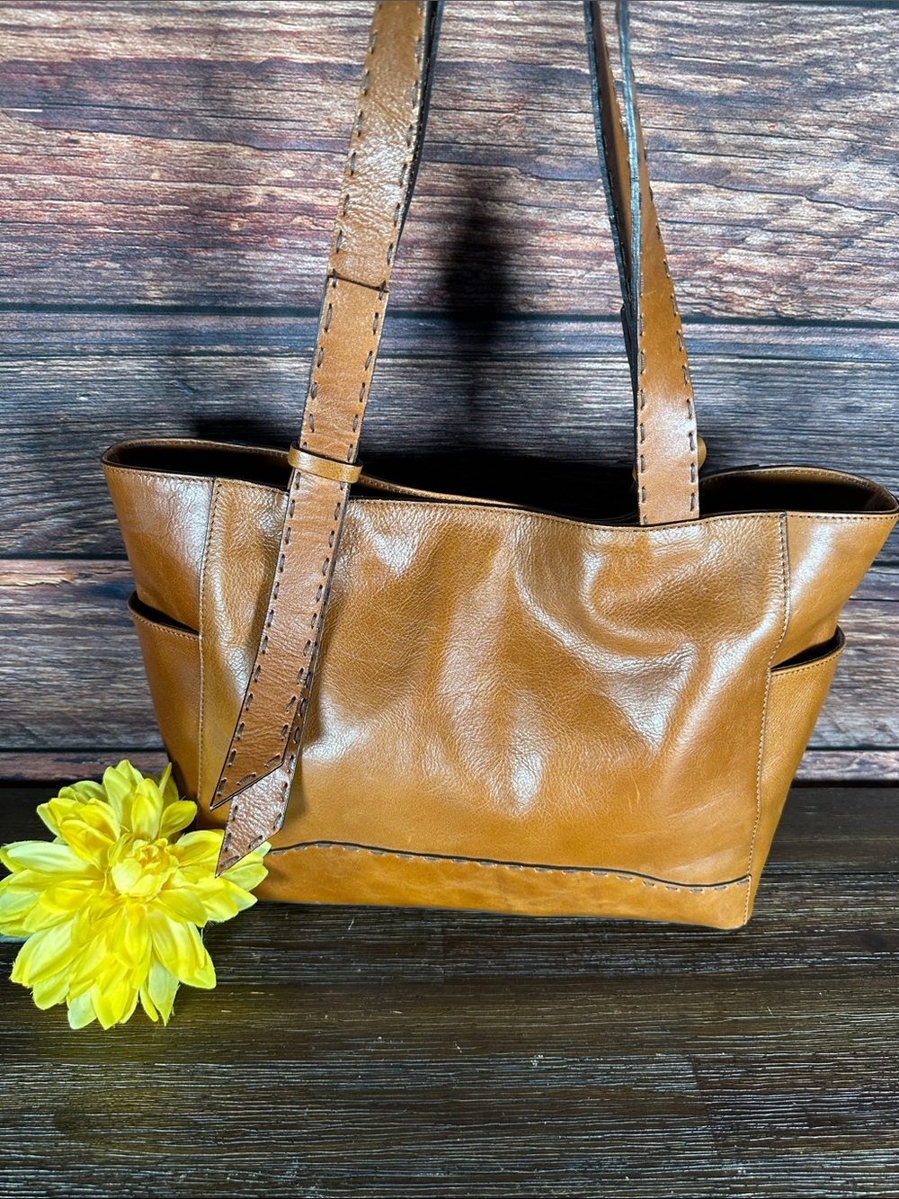 Divine Firenze Chestnut Italian Leather Tote with Contrast Edge Stitching